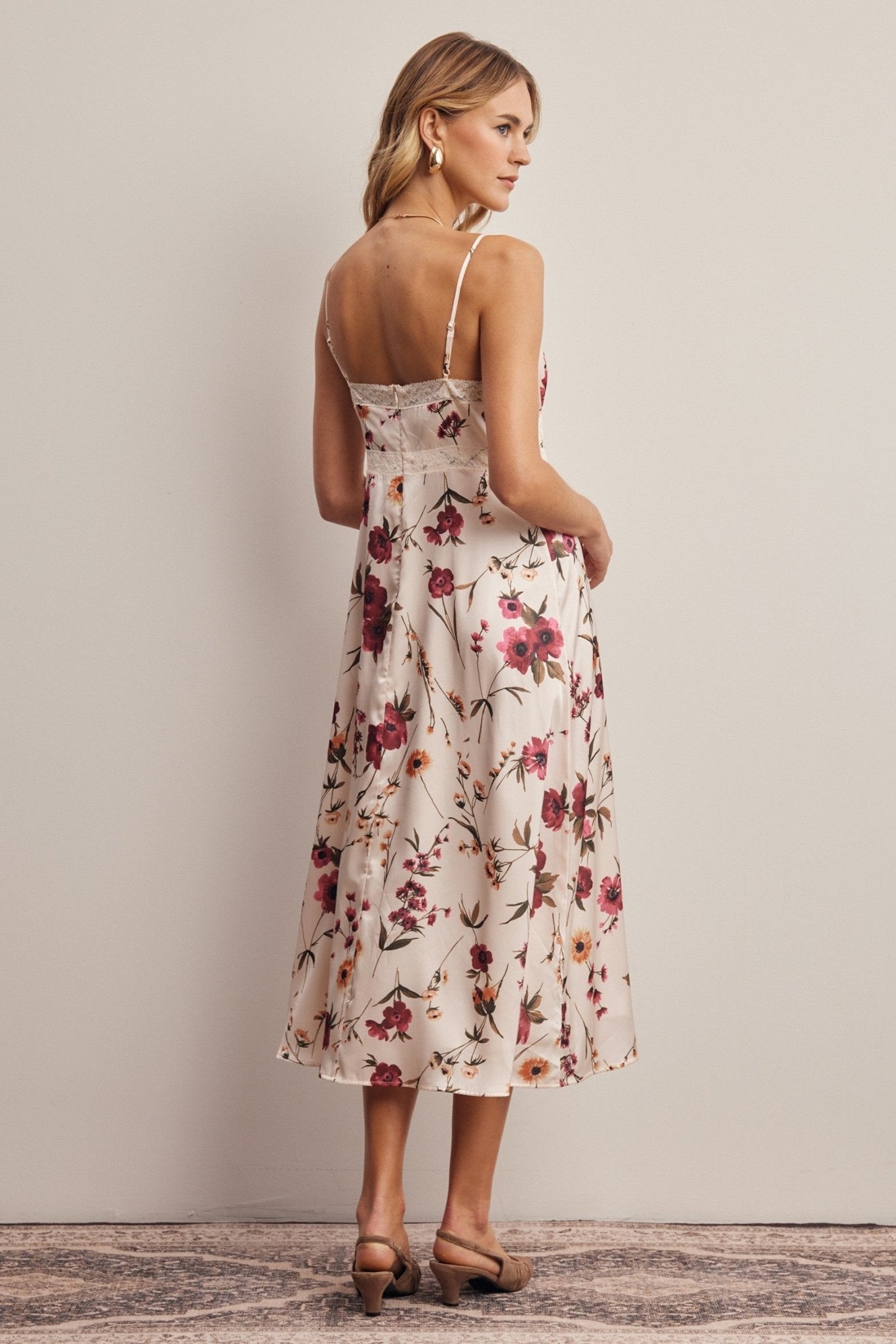Atelier Floral Lace Trim Satin Midi Dress - Westly