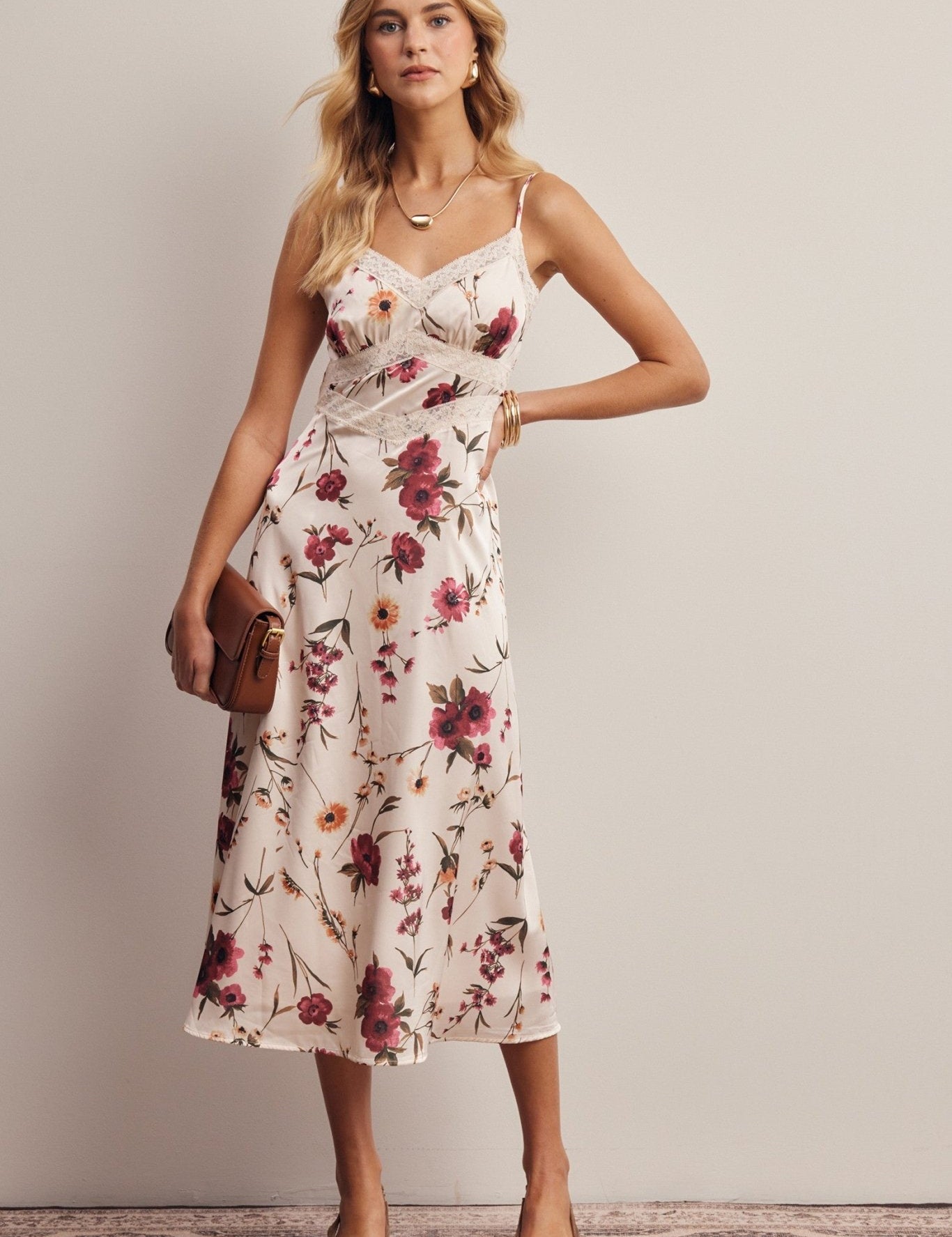 Atelier Floral Lace Trim Satin Midi Dress - Westly