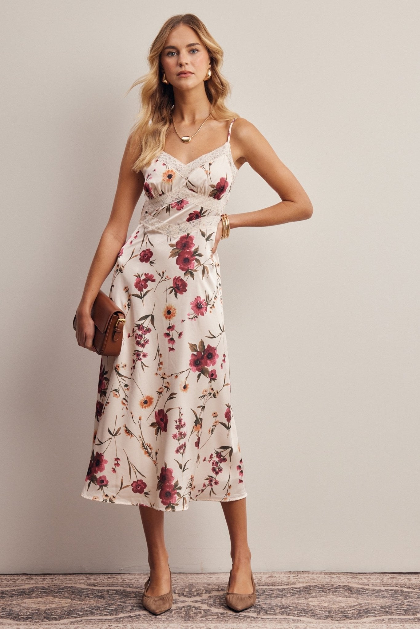 Atelier Floral Lace Trim Satin Midi Dress - Westly