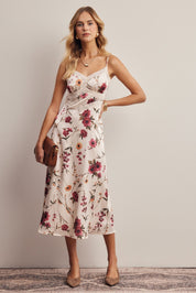 Atelier Floral Lace Trim Satin Midi Dress - Westly