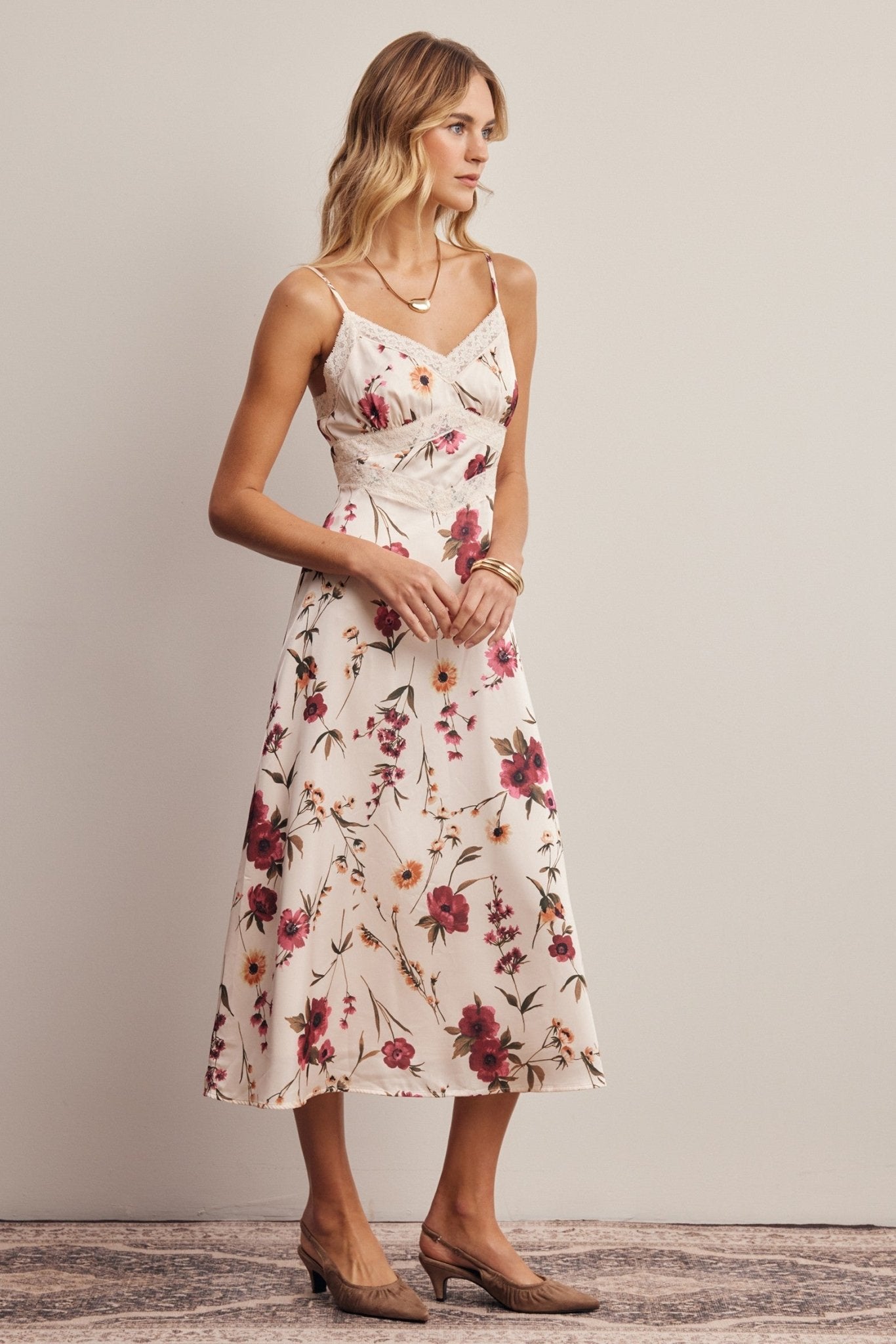 Atelier Floral Lace Trim Satin Midi Dress - Westly