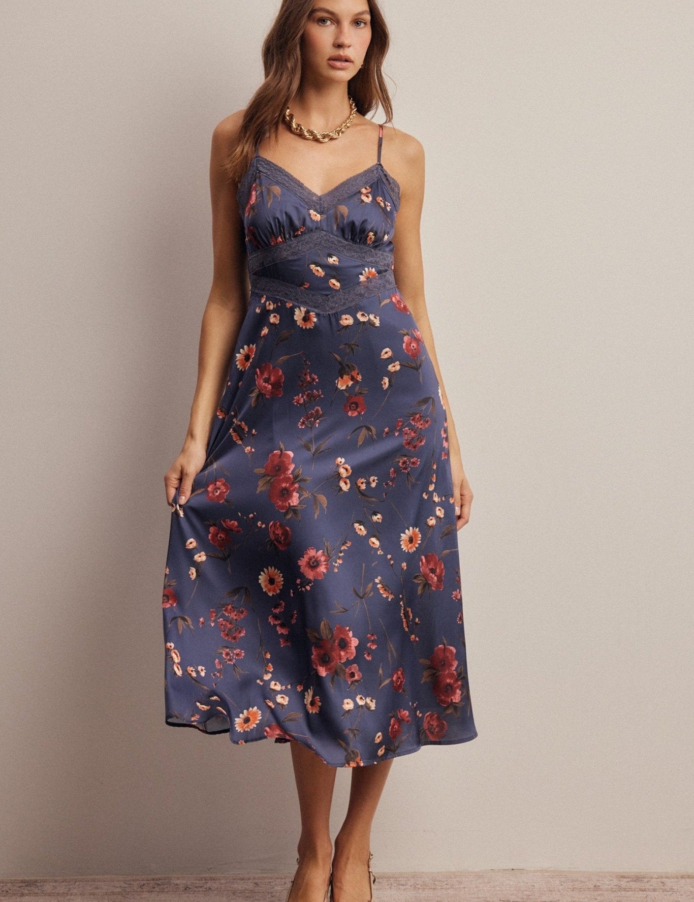 Atelier Floral Lace Trim Satin Midi Dress - Westly