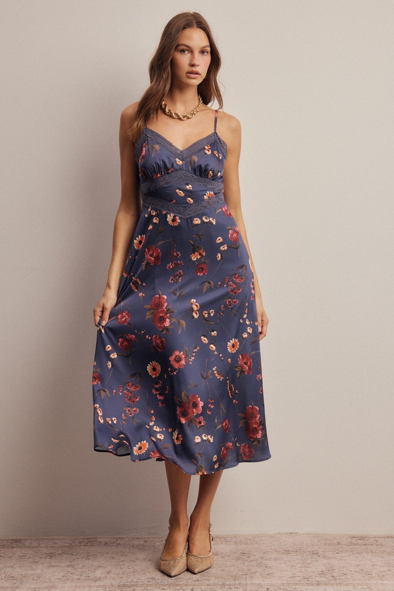 Atelier Floral Lace Trim Satin Midi Dress - Westly