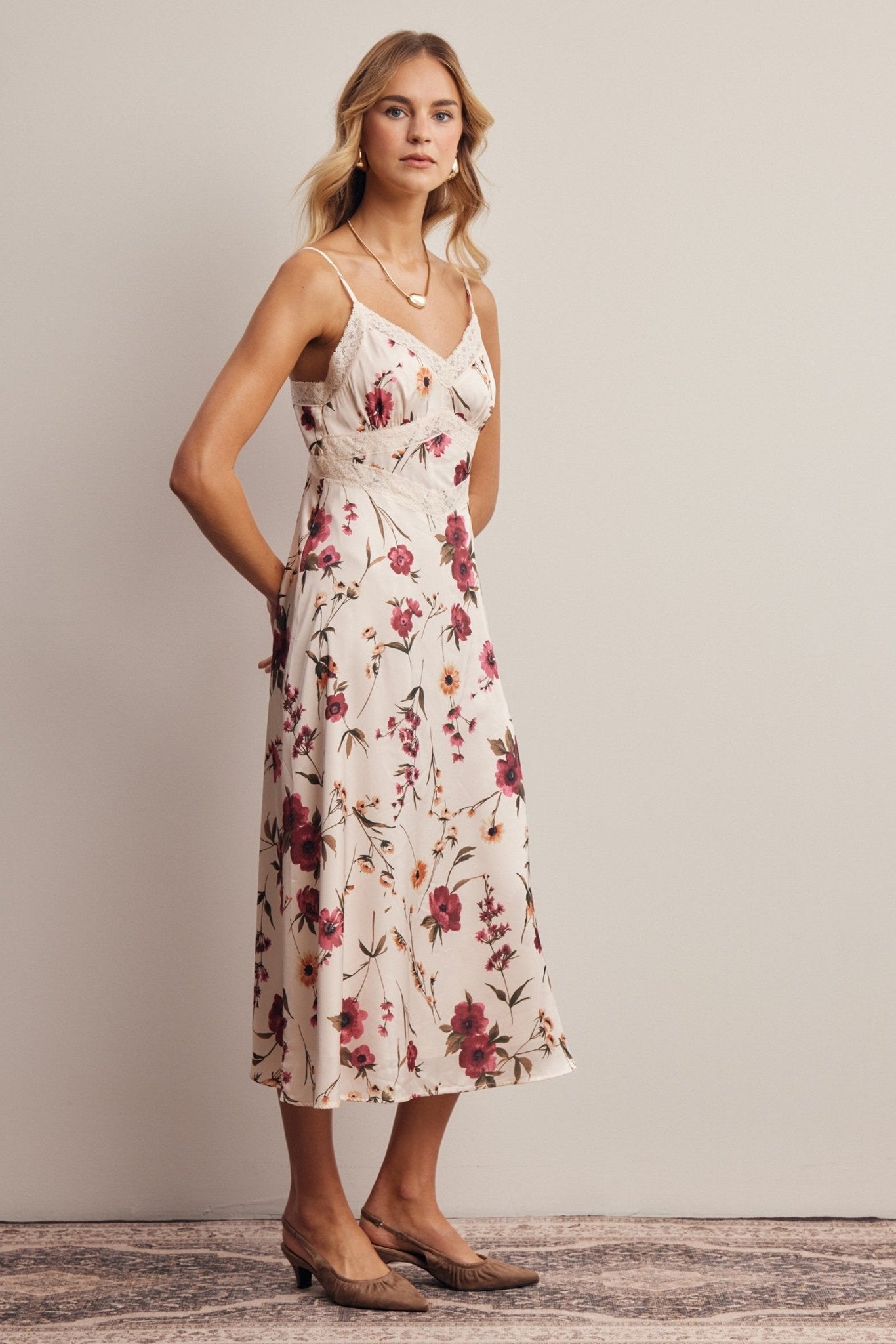 Atelier Floral Lace Trim Satin Midi Dress - Westly