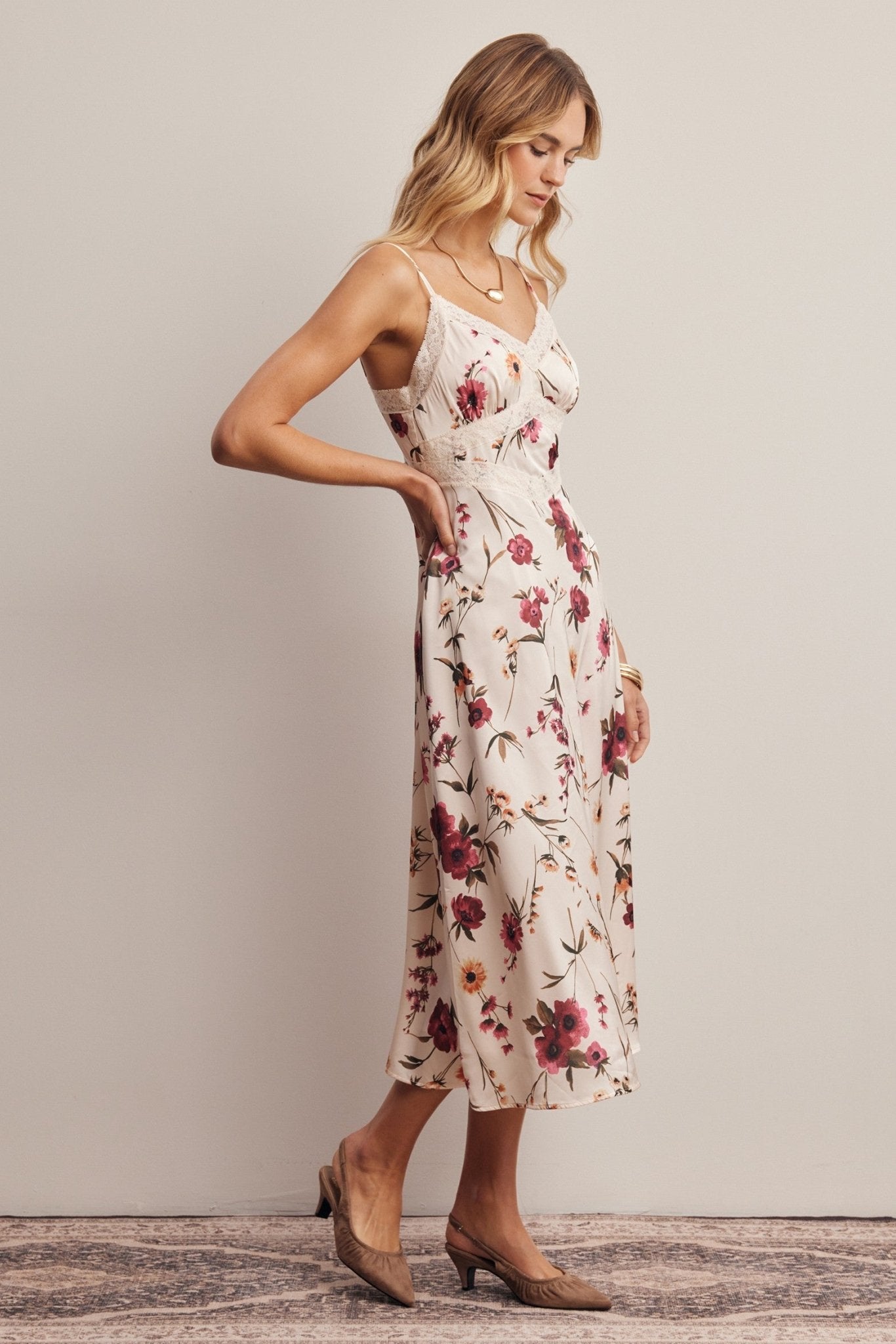 Atelier Floral Lace Trim Satin Midi Dress - Westly