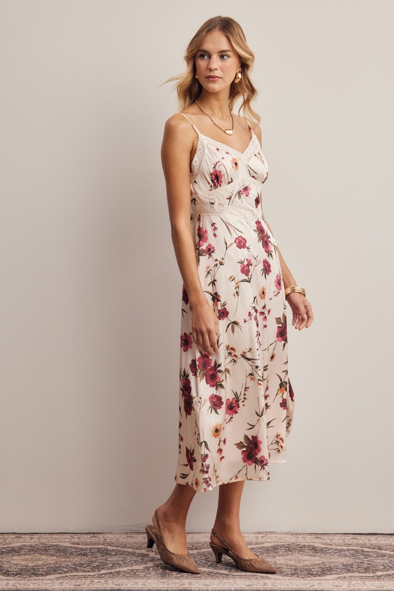 Atelier Floral Lace Trim Satin Midi Dress - Westly