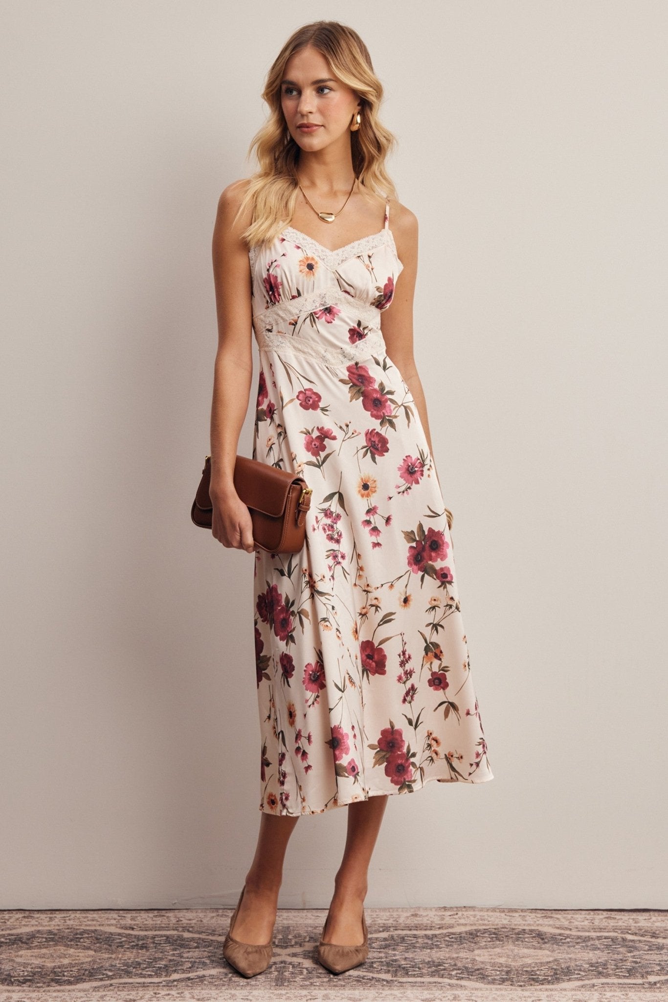 Atelier Floral Lace Trim Satin Midi Dress - Westly