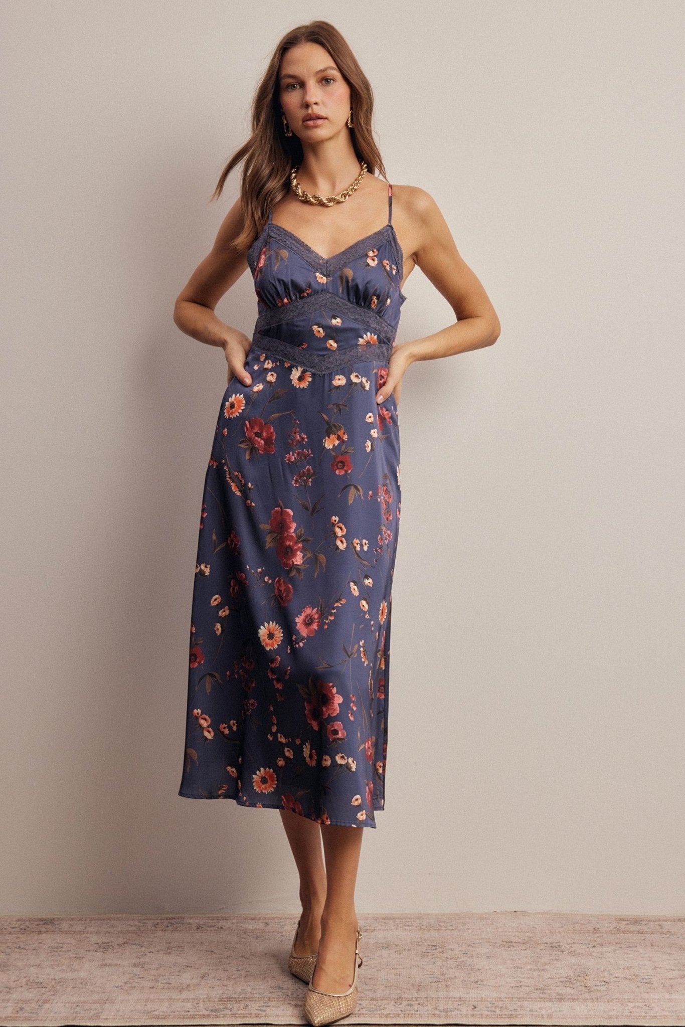 Atelier Floral Lace Trim Satin Midi Dress - Westly