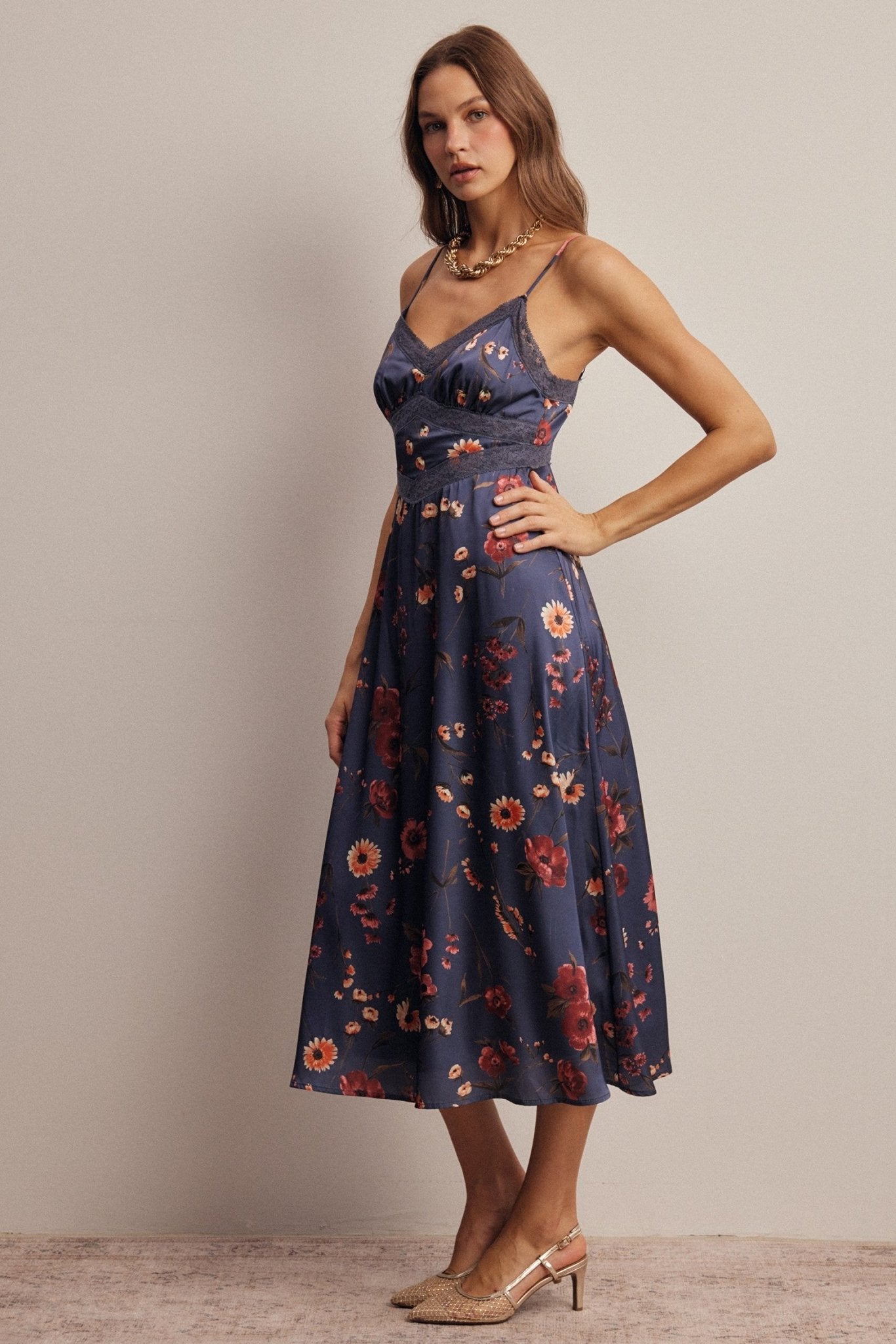 Atelier Floral Lace Trim Satin Midi Dress - Westly