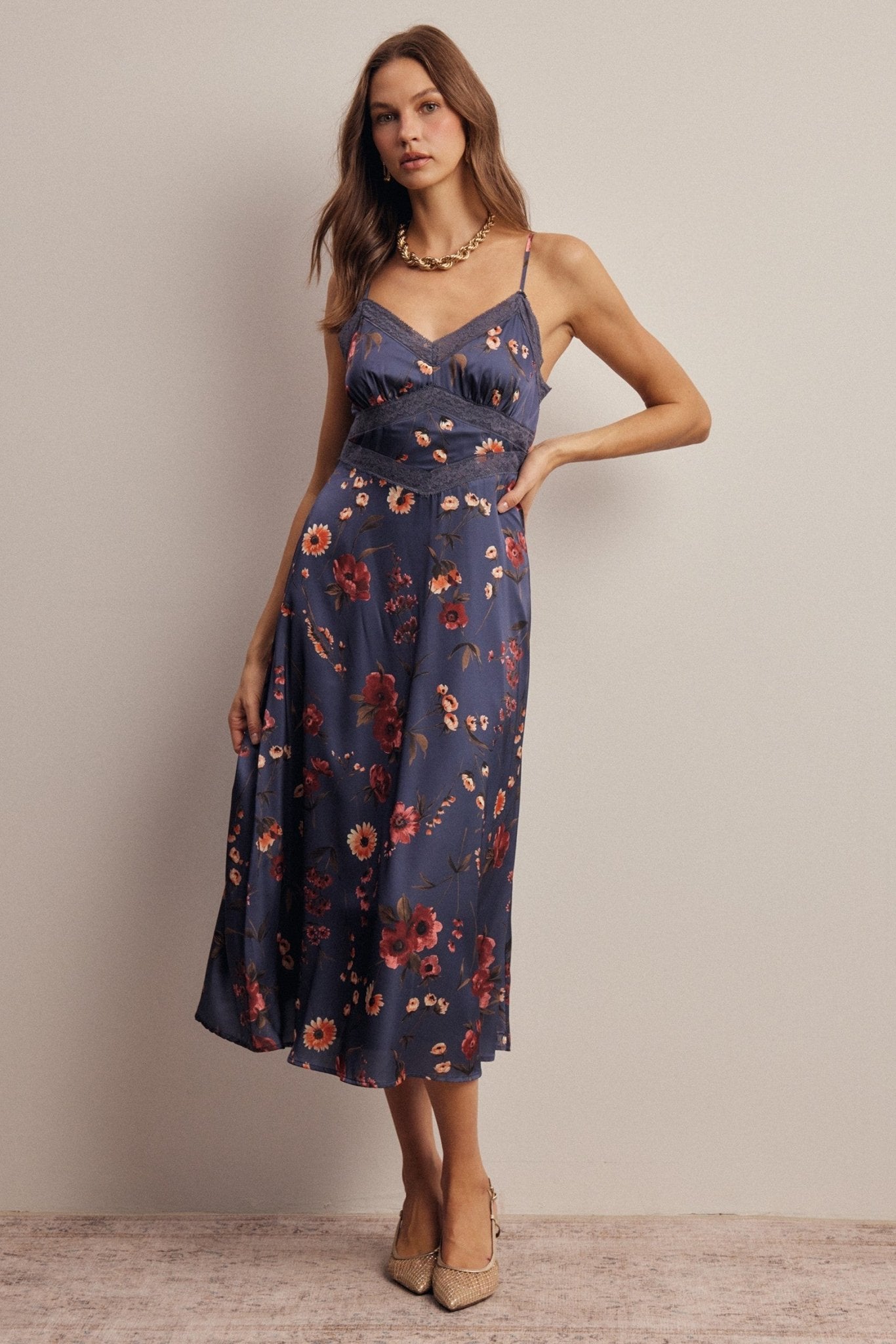 Atelier Floral Lace Trim Satin Midi Dress - Westly