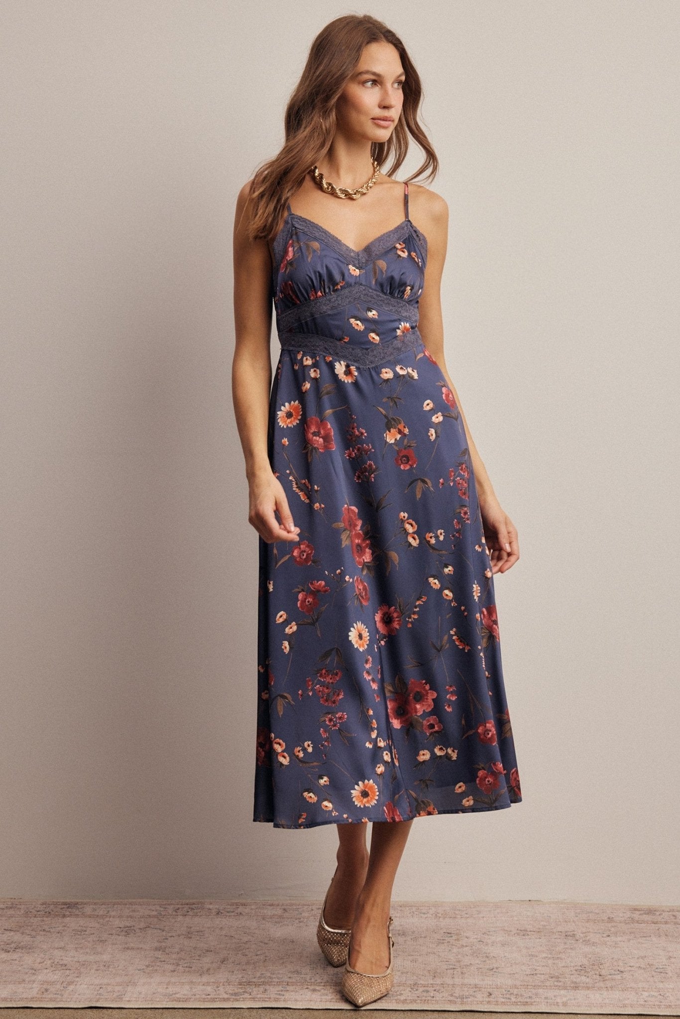 Atelier Floral Lace Trim Satin Midi Dress - Westly