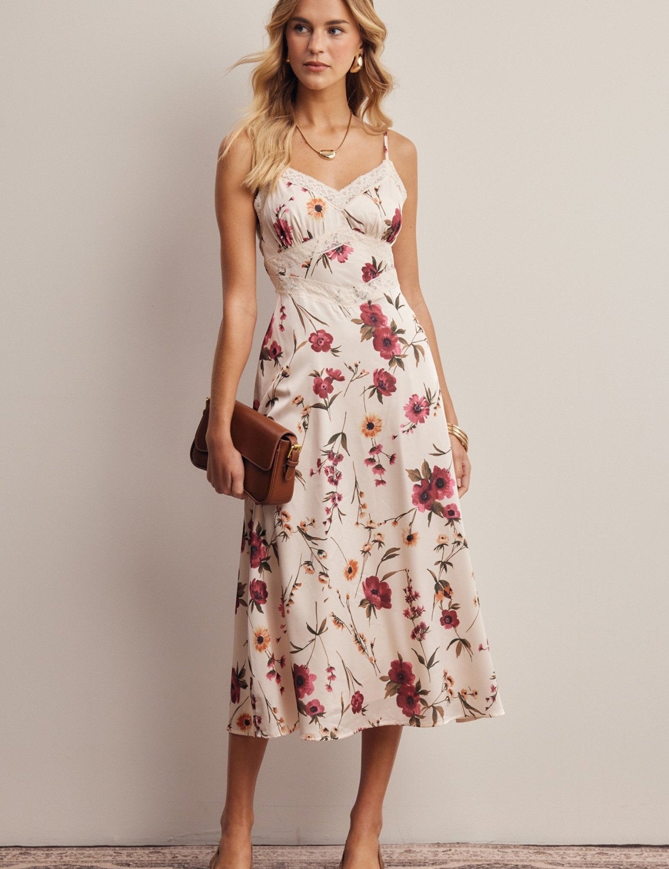 Atelier Floral Lace Trim Satin Midi Dress - Westly