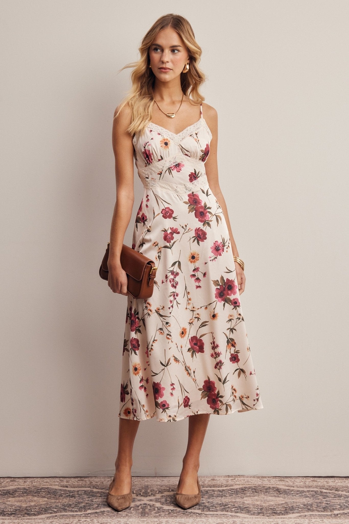 Atelier Floral Lace Trim Satin Midi Dress - Westly