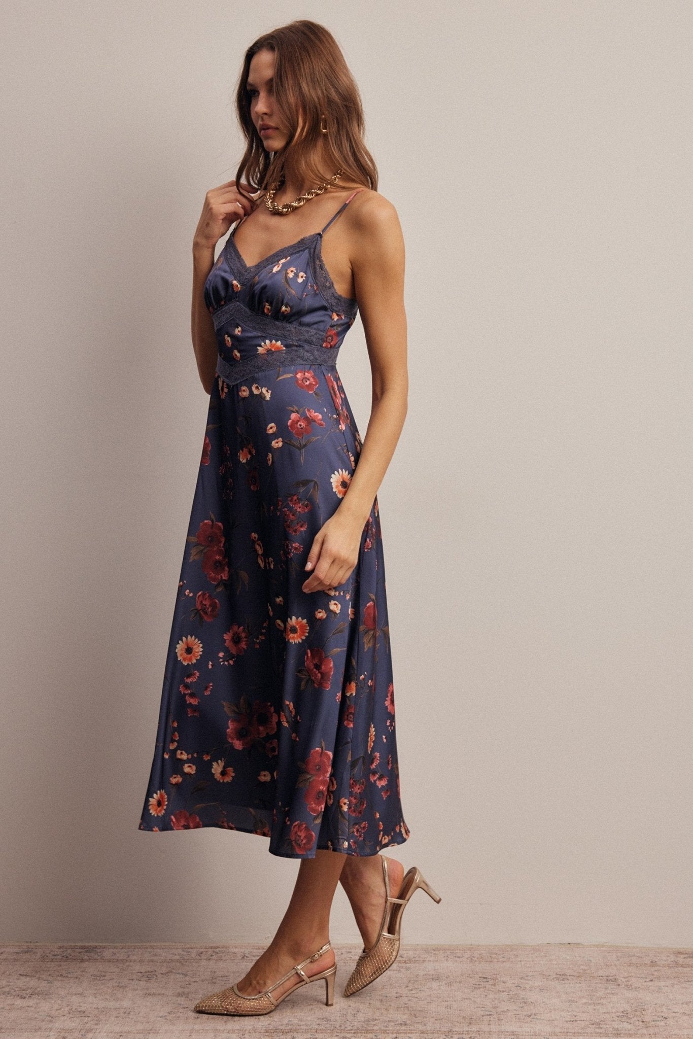 Atelier Floral Lace Trim Satin Midi Dress - Westly