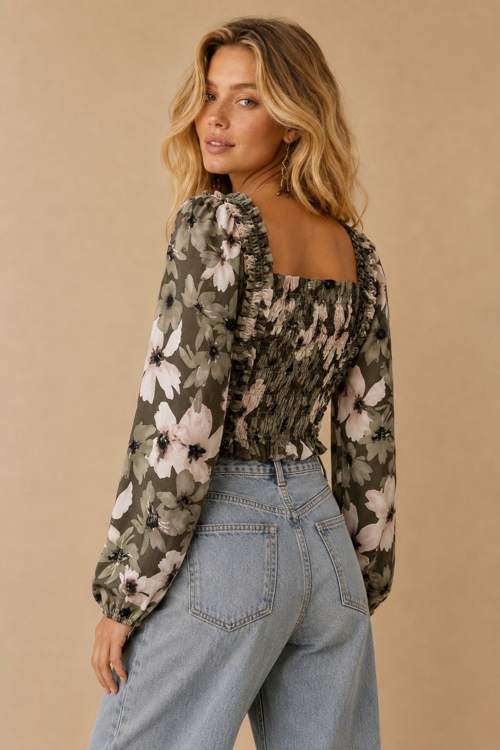 Autumn Blooms Smocked Floral Long-Sleeve Crop Top - Westly