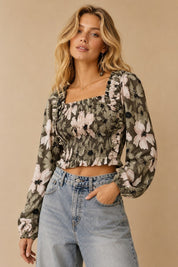 Autumn Blooms Smocked Floral Long-Sleeve Crop Top - Westly