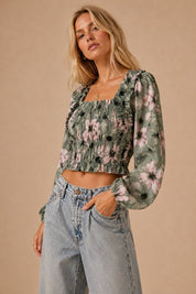 Autumn Blooms Smocked Floral Long-Sleeve Crop Top - Westly