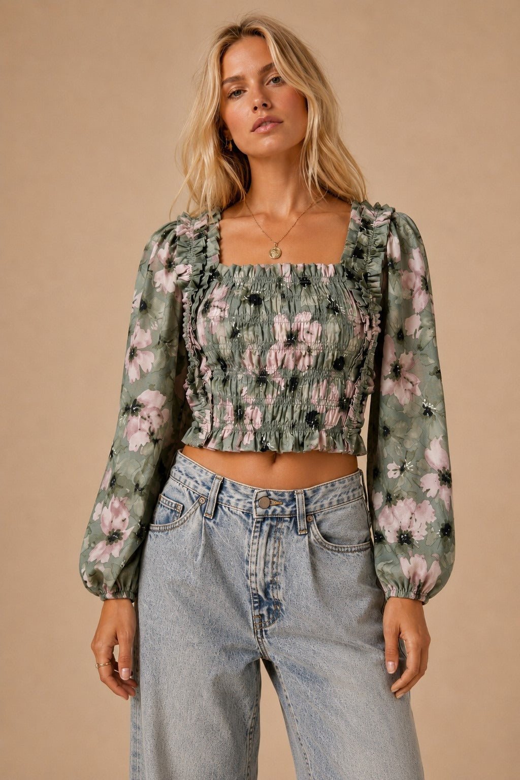 Autumn Blooms Smocked Floral Long-Sleeve Crop Top - Westly