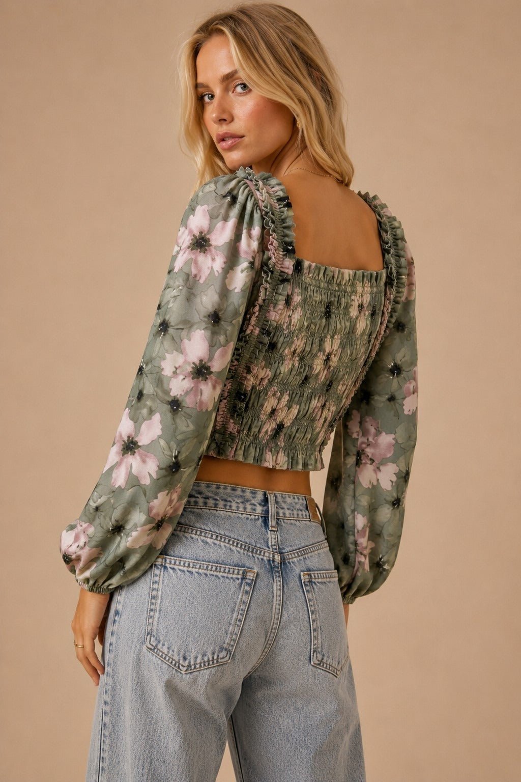 Autumn Blooms Smocked Floral Long-Sleeve Crop Top - Westly