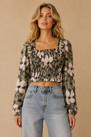 Autumn Blooms Smocked Floral Long-Sleeve Crop Top - Westly