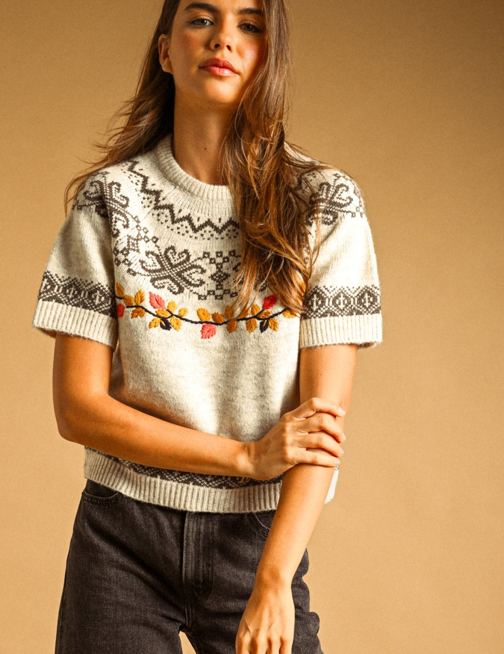 Autumn Leaf Embroidered Knit Tee in Beige - product photo 1