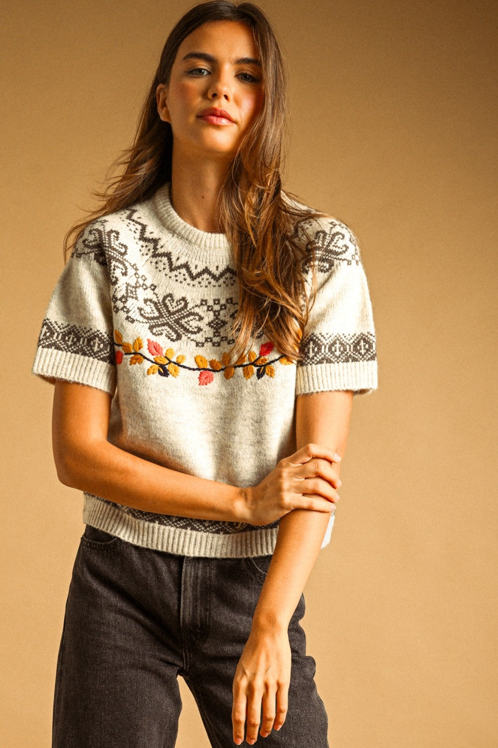 Autumn Leaf Embroidered Knit Tee in Beige - product photo 1