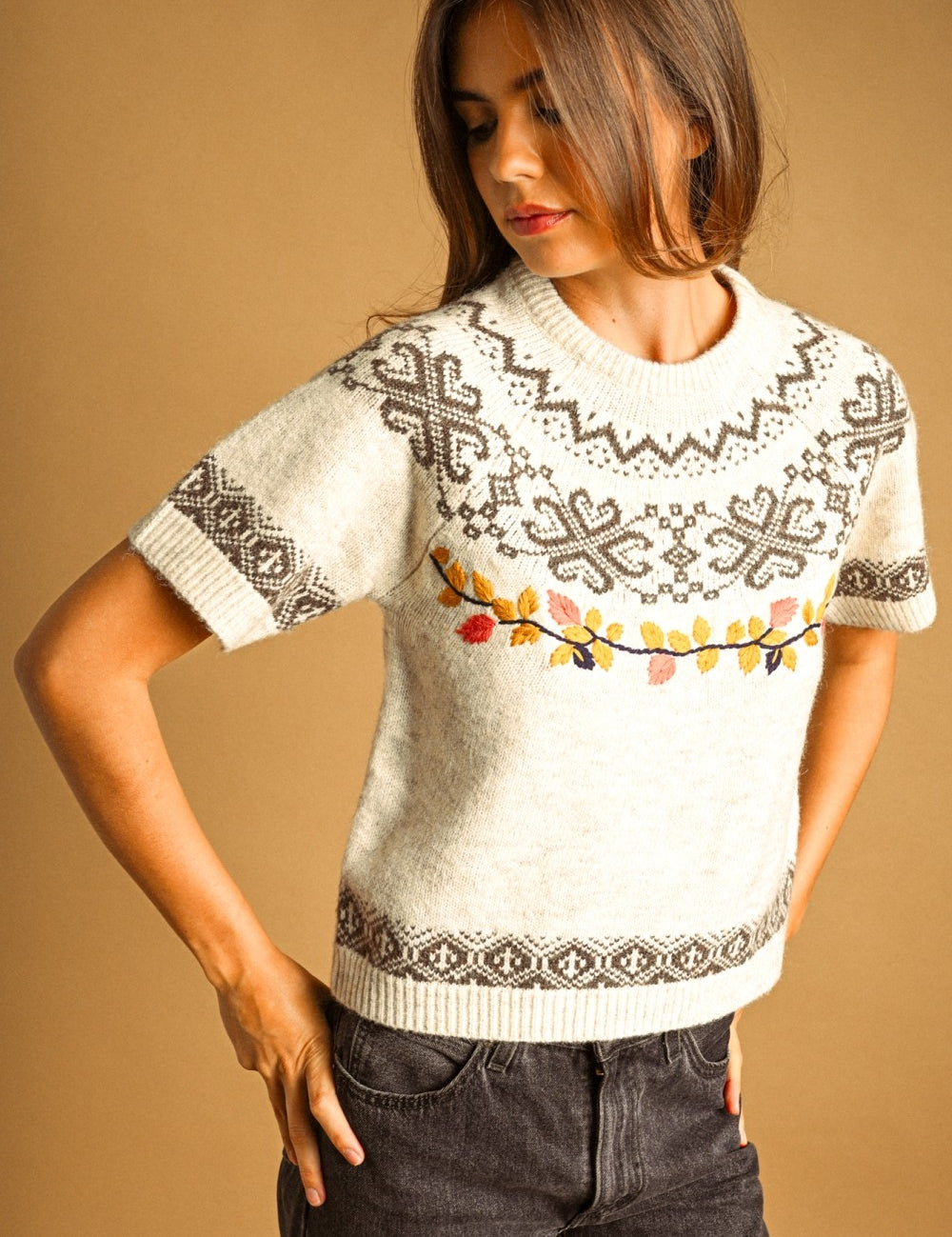 Autumn Leaf Embroidered Knit Tee in Beige - product photo 2