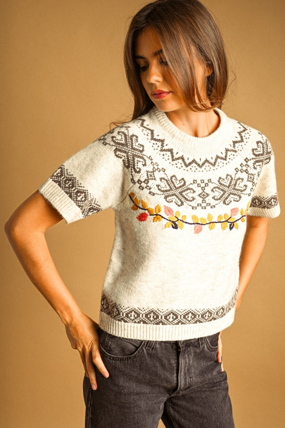 Autumn Leaf Embroidered Knit Tee in Beige - product photo 2