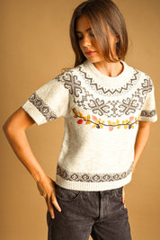 Autumn Leaf Embroidered Knit Tee in Beige - product photo 2