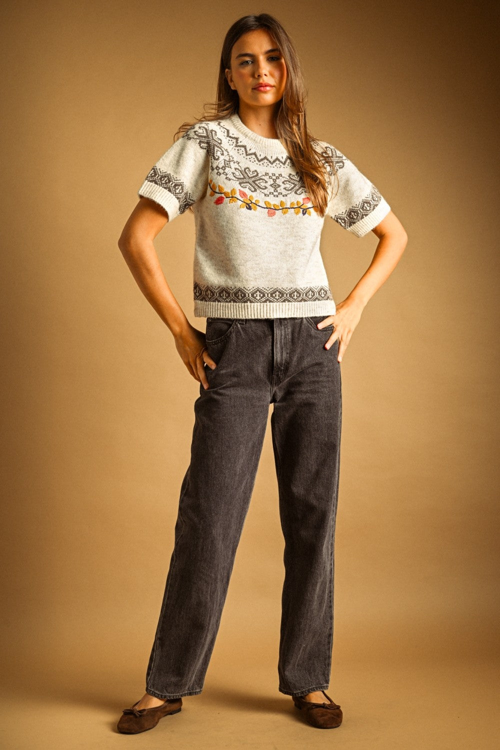 Autumn Leaf Embroidered Knit Tee in Beige - product photo 4
