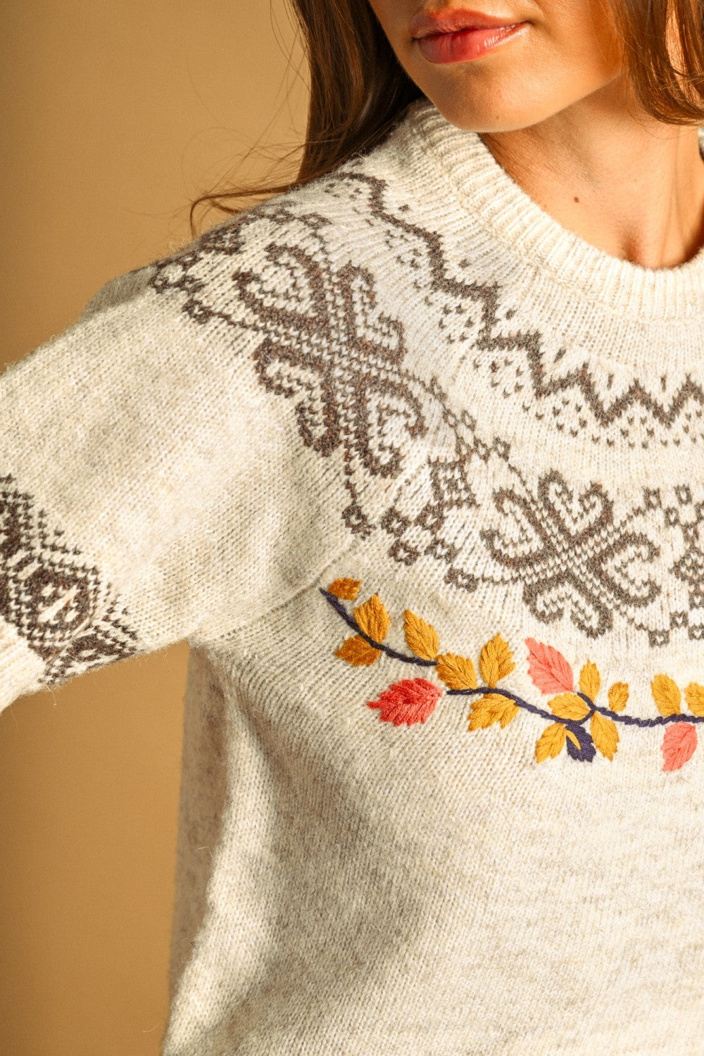 Autumn Leaf Embroidered Knit Tee in Beige - product photo 5