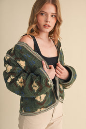 Aztec Faux Sherpa Jacket With Contrast Trim - Westly