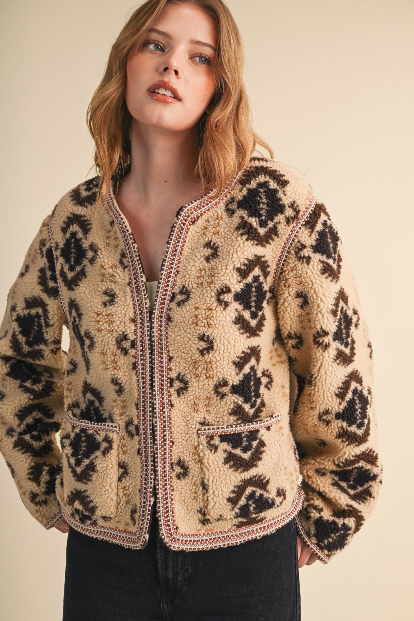 Aztec Faux Sherpa Jacket With Contrast Trim - Westly