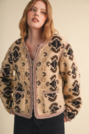 Aztec Faux Sherpa Jacket With Contrast Trim - Westly