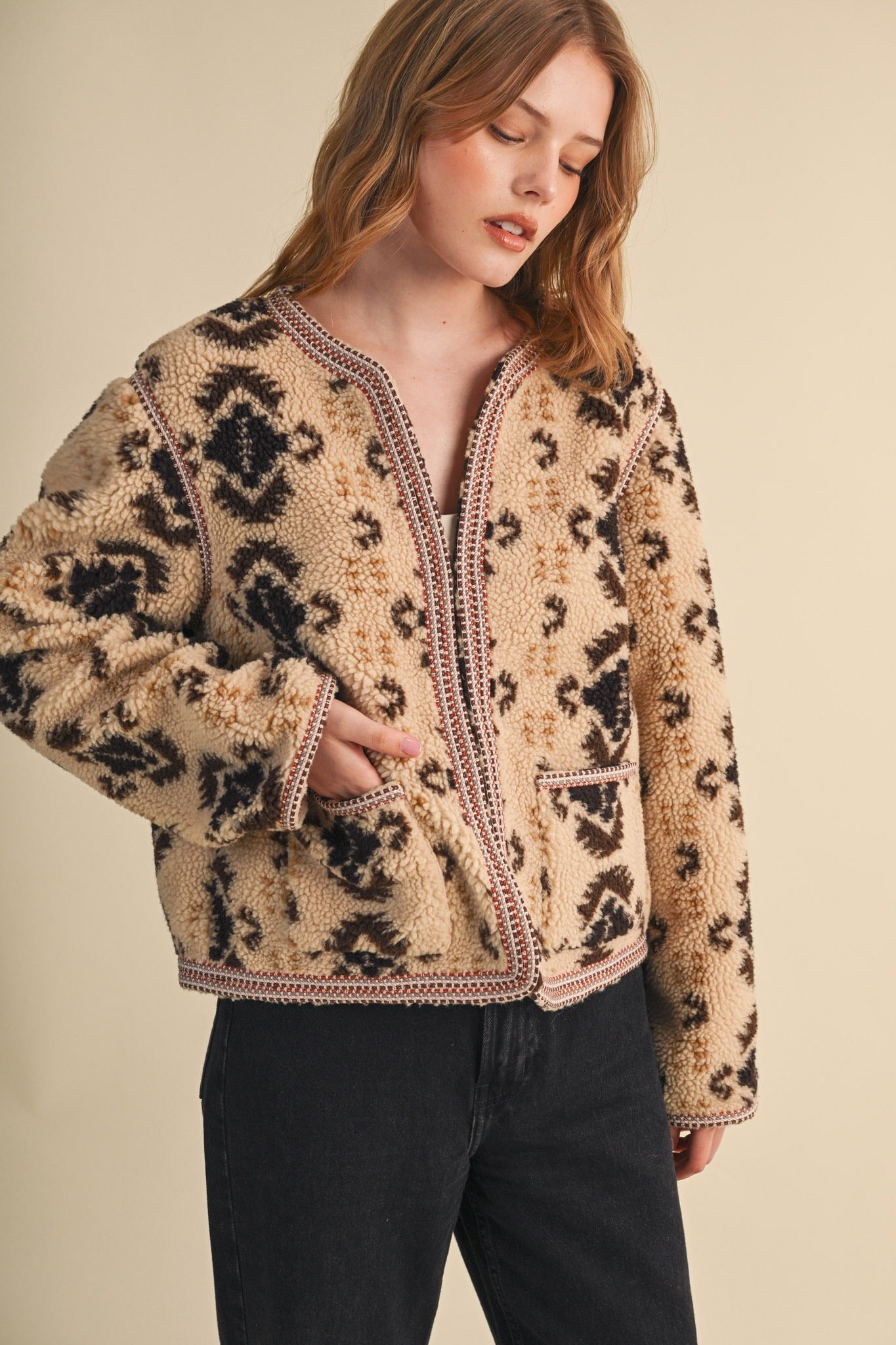 Aztec Faux Sherpa Jacket With Contrast Trim - Westly