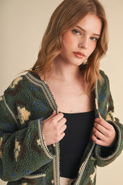 Aztec Faux Sherpa Jacket With Contrast Trim - Westly