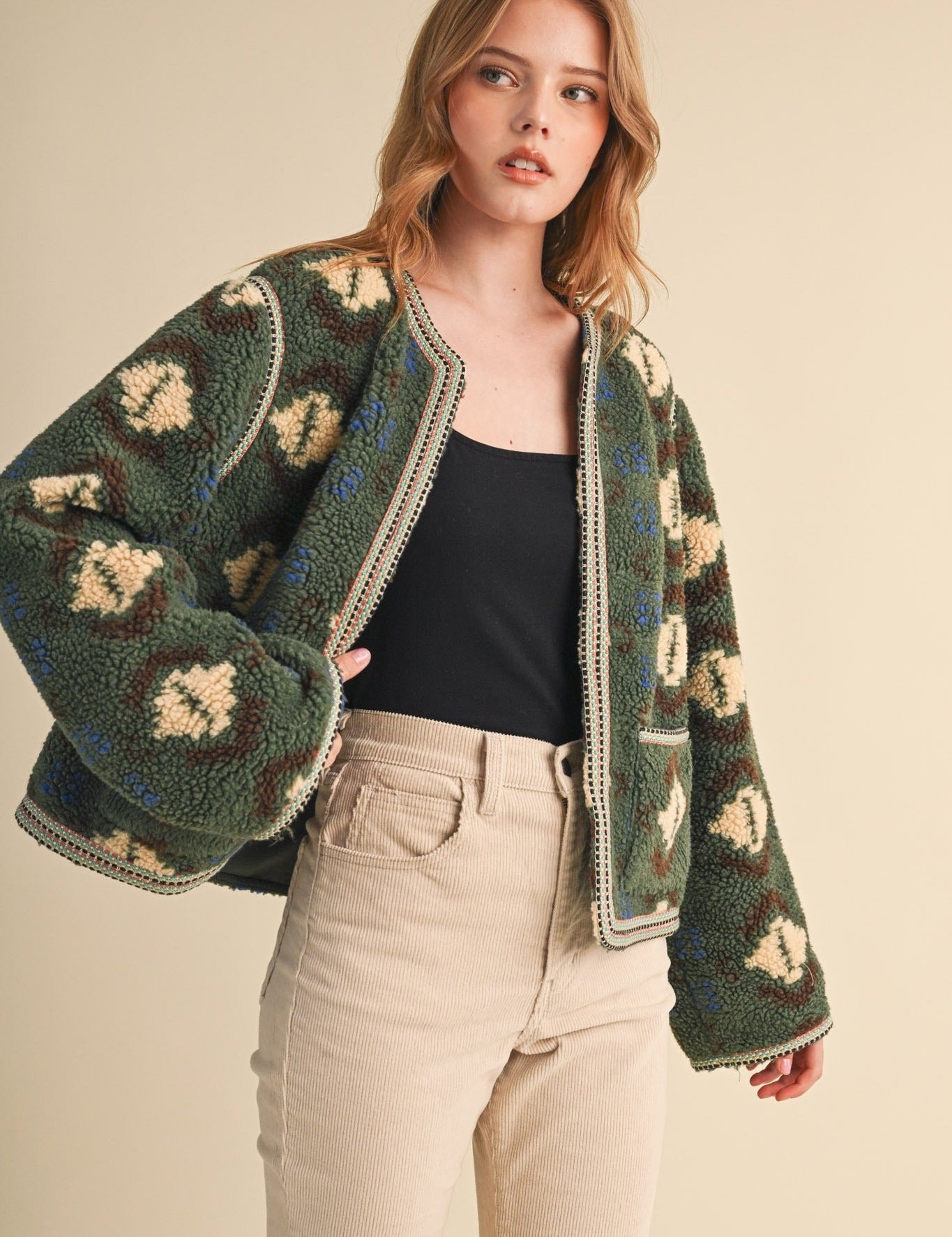 Aztec Faux Sherpa Jacket With Contrast Trim - Westly