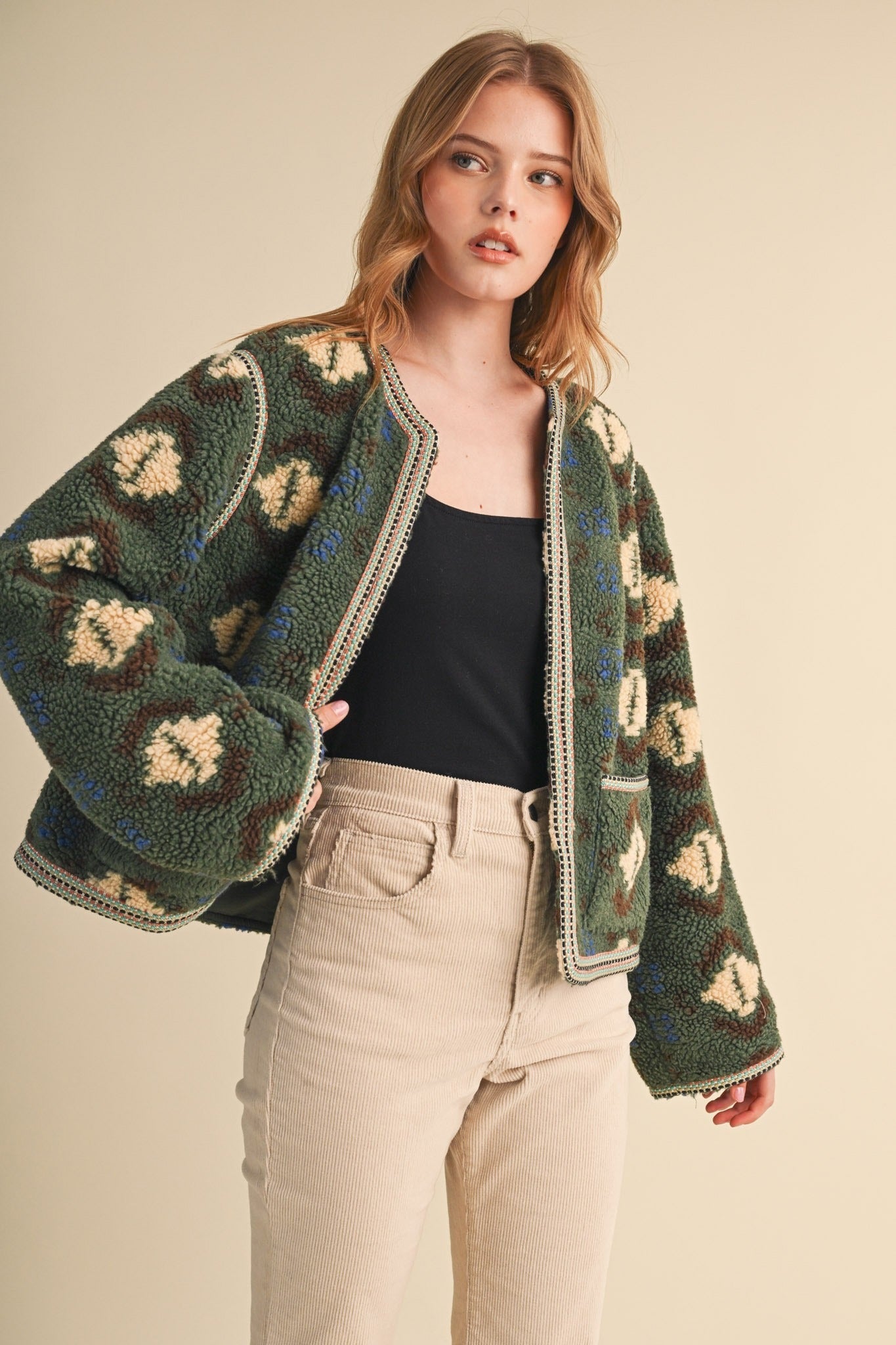 Aztec Faux Sherpa Jacket With Contrast Trim - Westly