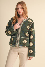 Aztec Faux Sherpa Jacket With Contrast Trim - Westly