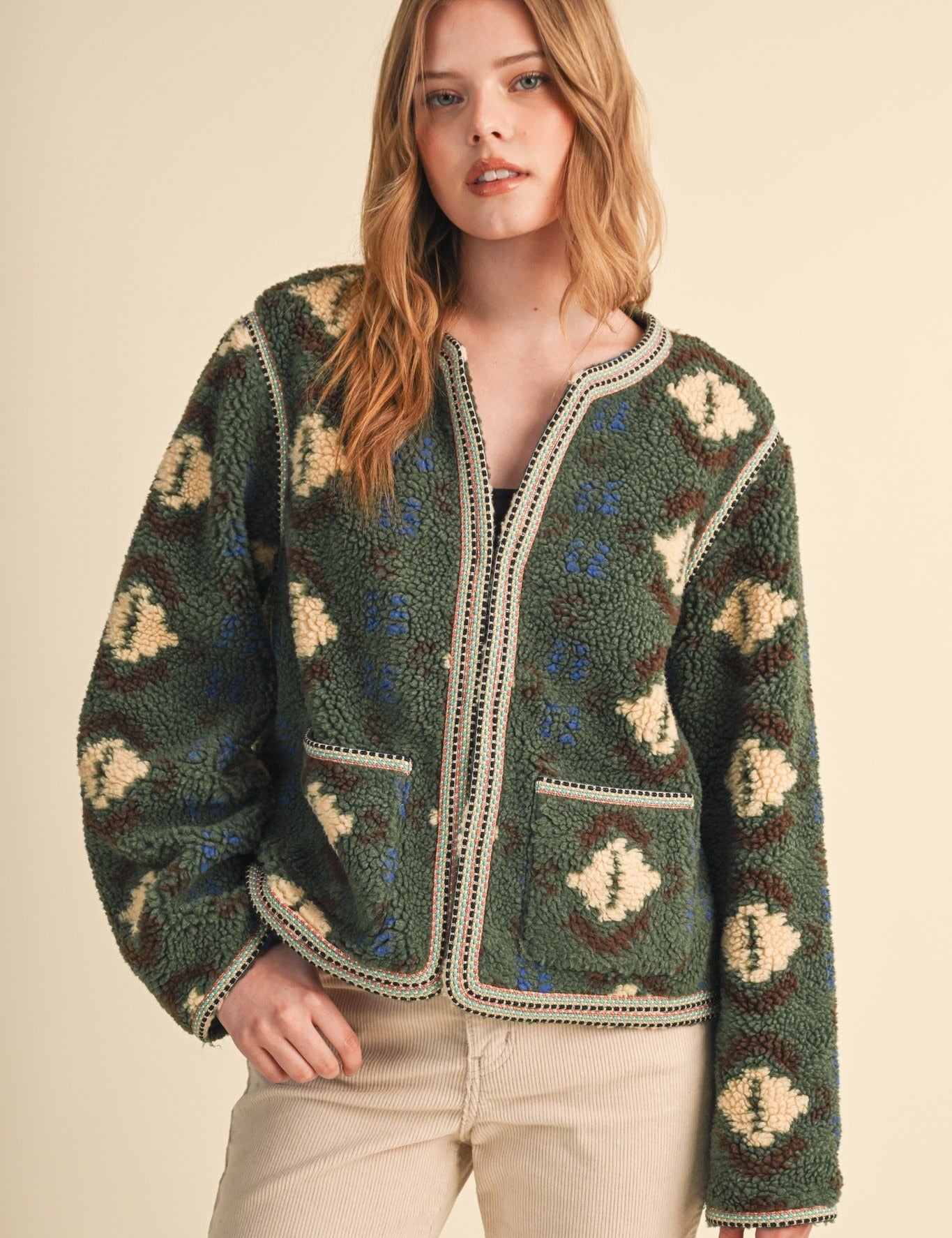 Aztec Faux Sherpa Jacket With Contrast Trim - Westly