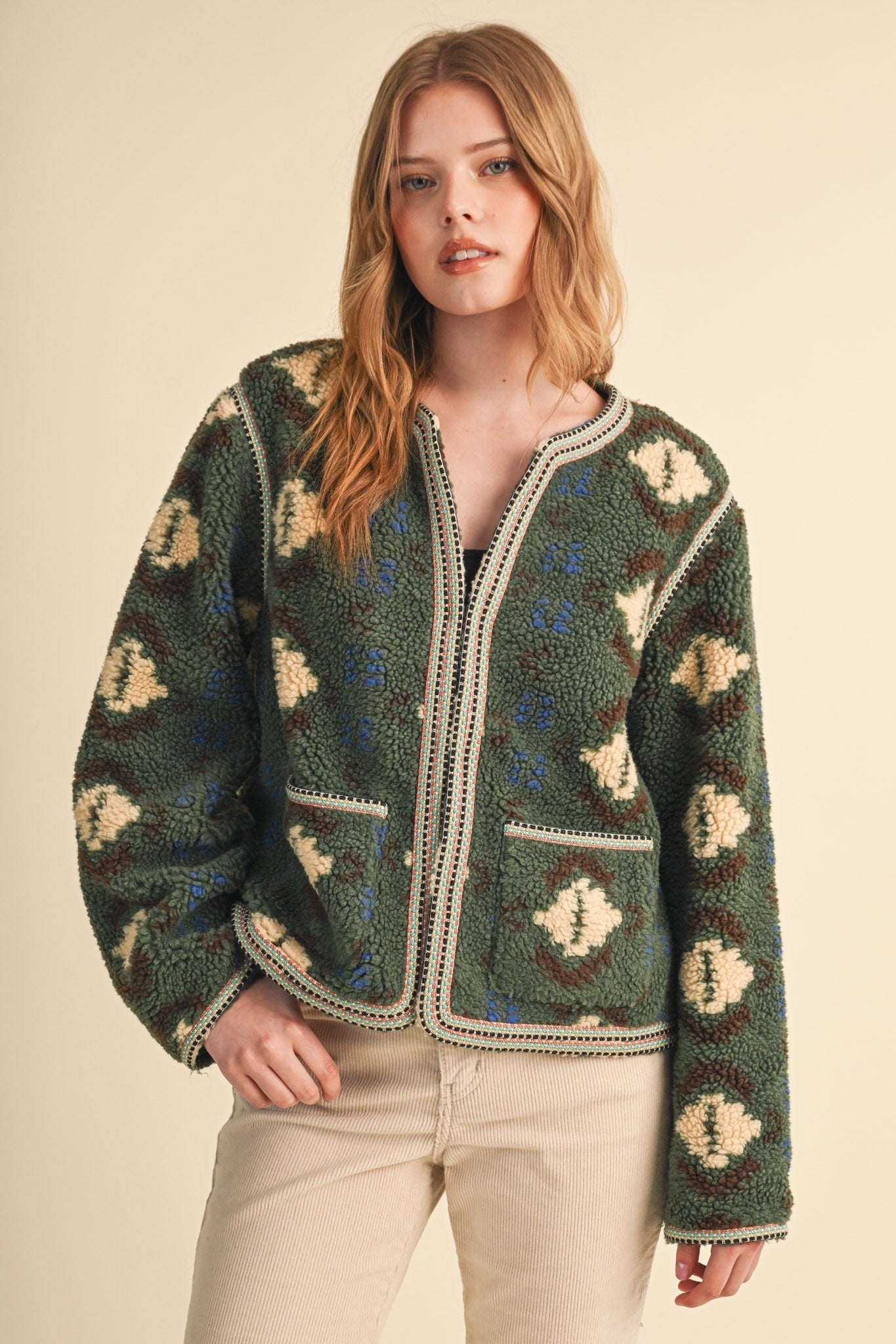 Aztec Faux Sherpa Jacket With Contrast Trim - Westly