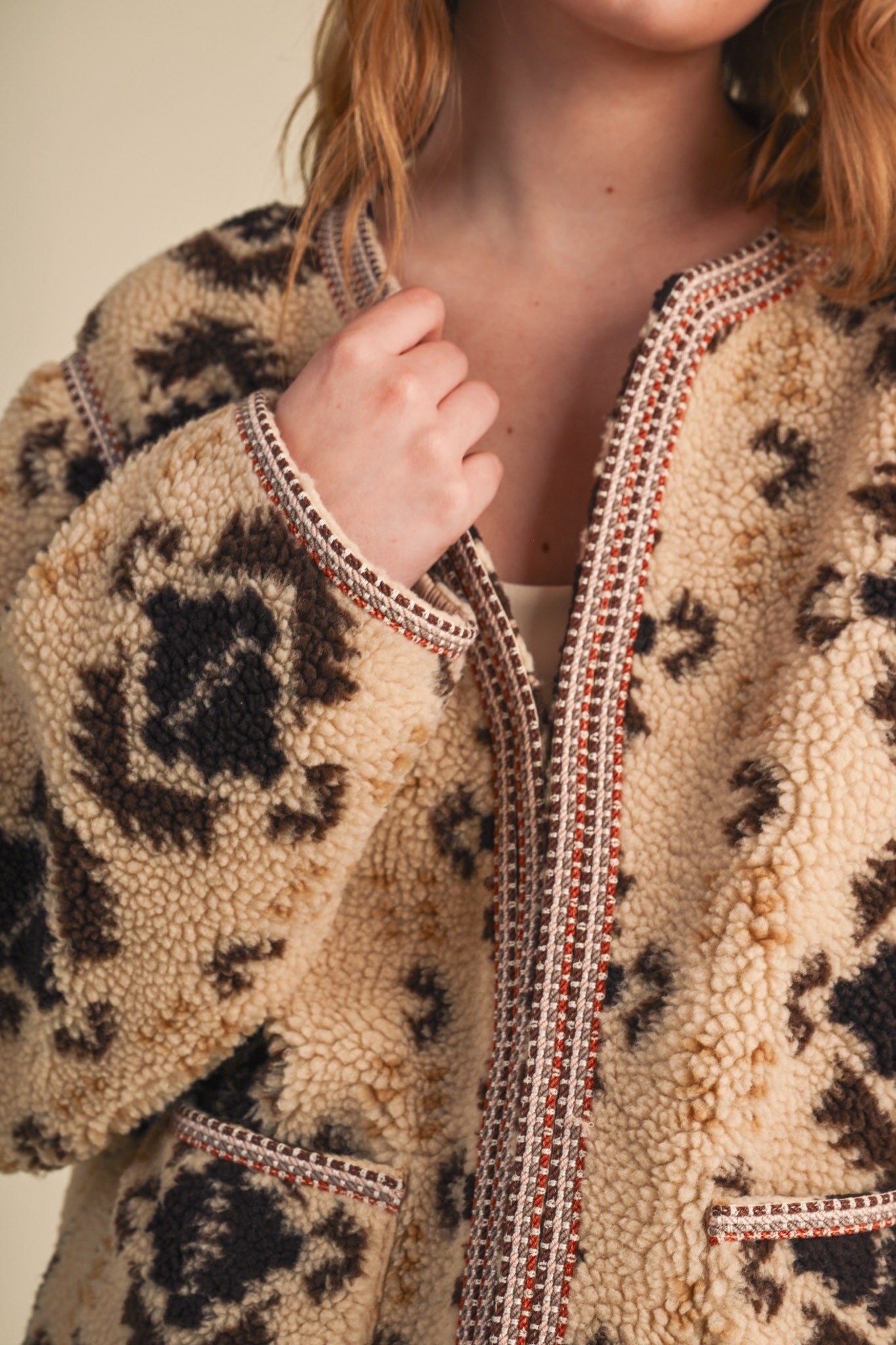 Aztec Faux Sherpa Jacket With Contrast Trim - Westly