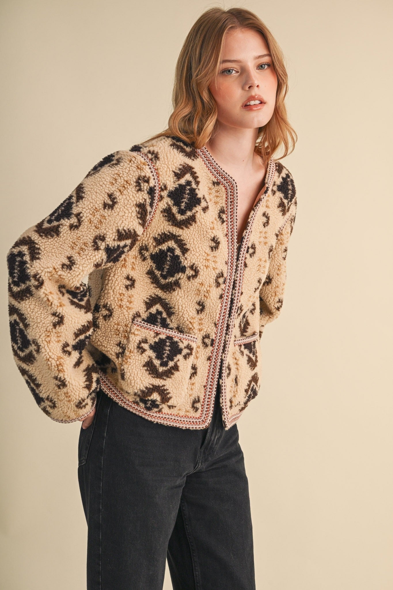 Aztec Faux Sherpa Jacket With Contrast Trim - Westly