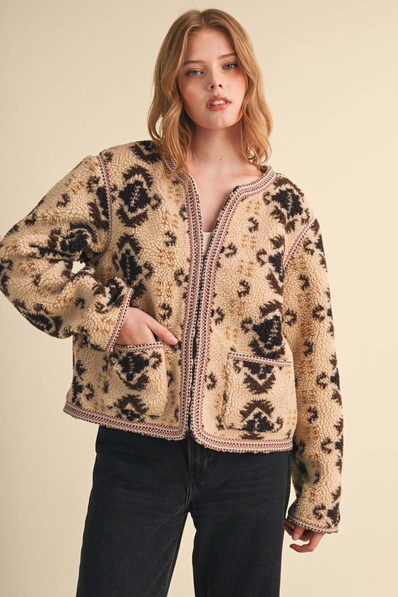 Aztec Faux Sherpa Jacket With Contrast Trim - Westly