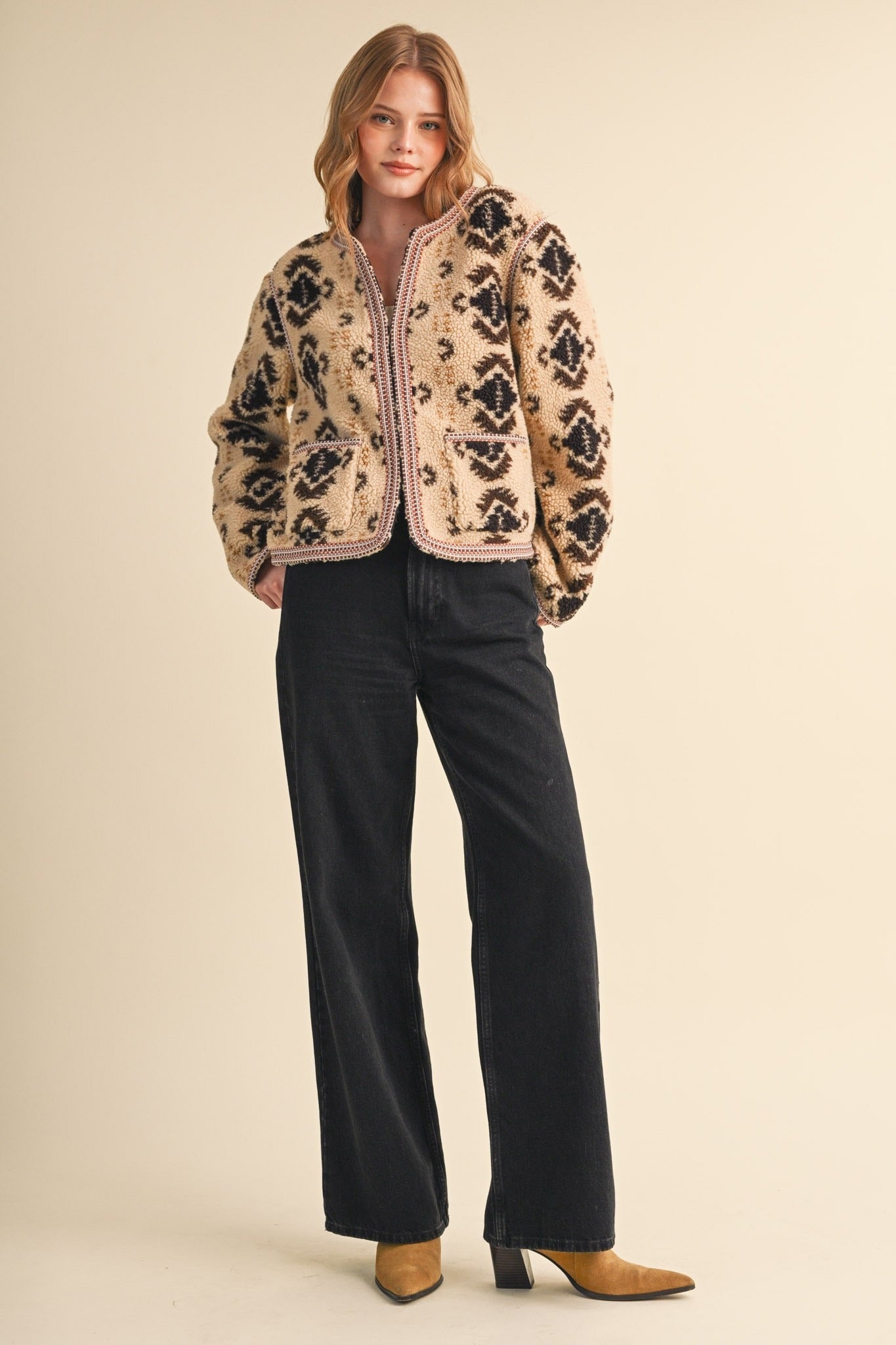 Aztec Faux Sherpa Jacket With Contrast Trim - Westly