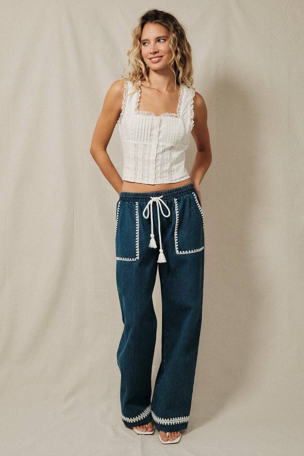 Barbados Blanket Stitch Denim Pants - Westly
