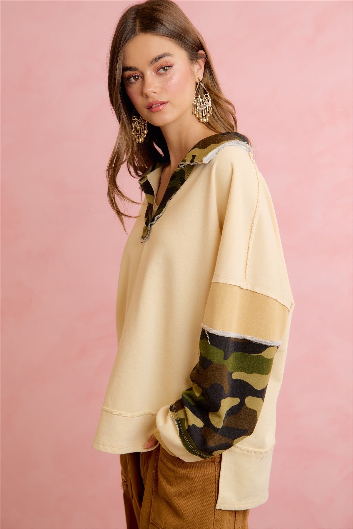 Beck Camo Patchwork V-Neck Relaxed Pullover - Westly