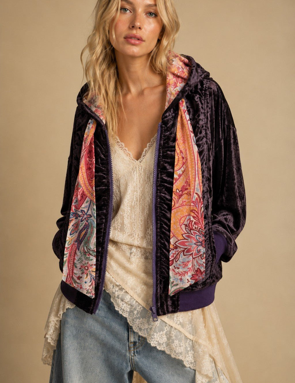 Belladonna Ruched Velvet Zip Hoodie - Westly