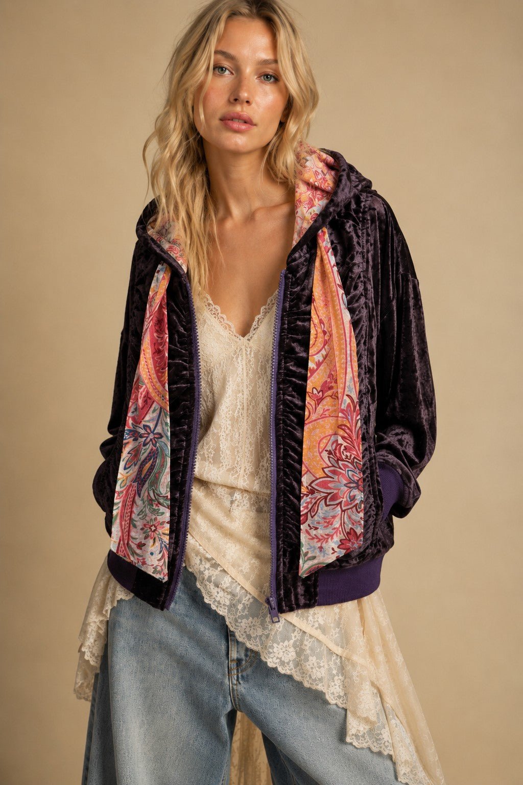 Belladonna Ruched Velvet Zip Hoodie - Westly