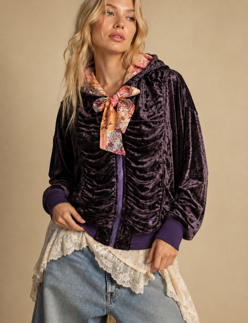 Belladonna Ruched Velvet Zip Hoodie - Westly
